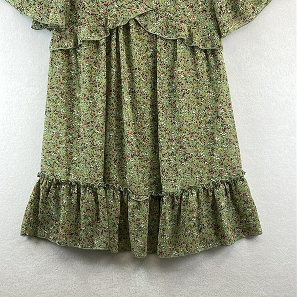 Manydress Dress Sz L Green Floral Print Flutter Sleeves V-Neck Ruffled Hem EUC - Picture 3 of 8